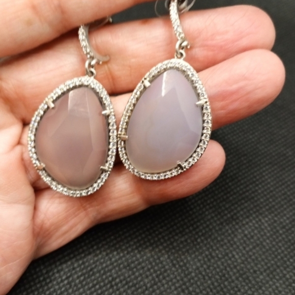 🔥 Blue Chalcedony & Natural White Zircon Dangle Earrings in Sterling Silver - Picture 2 of 4